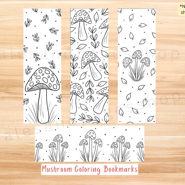 Printable Mushroom Coloring Bookmarks for Kids and Adults, Mushroom Coloring Bookmarks, Cottagecore Coloring, Color Yourself Bookmarks