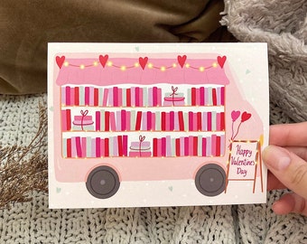 Bookmobile Valentine’s Day Card, Valentine’s Book Card, Bookish Card for Valentine’s