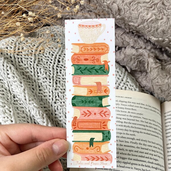 Cozy Bookstack and Tea Bookmark, Books and Tea Bookmark, Floral Bookstack Bookmark, Cozy Mystery Bookmark, Stack of Books Bookmark