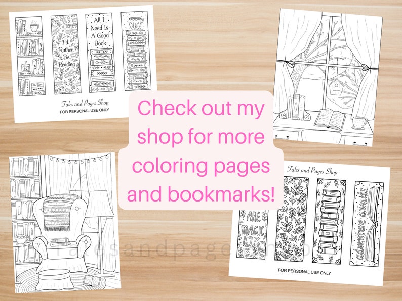 May include: Black and white printable coloring pages featuring bookmarks with book and reading themed designs. The text on the bookmarks reads "All I Need Is A Good Book", "I'd Rather Be Reading", and "Adventure Awaits".