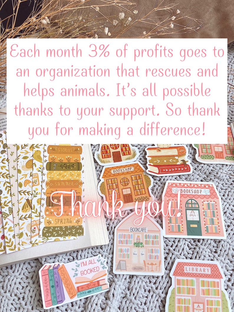 May include: A collection of colorful stickers featuring illustrations of bookstores, libraries, and book cafes. The stickers have a whimsical and charming aesthetic, with details like bookshelves, windows, and signs. The text "Thank you!" is written in large, pink letters on the image.