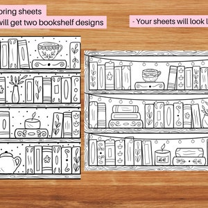 Peut inclure: Deux pages &agrave; colorier en noir et blanc repr&eacute;sentant une biblioth&egrave;que avec des livres, une th&eacute;i&egrave;re, une bougie, une tasse de th&eacute; et un vase avec des fleurs. Le texte "You will get two bookshelf designs" et "Your sheets will look like this" est inclus sur l'image.