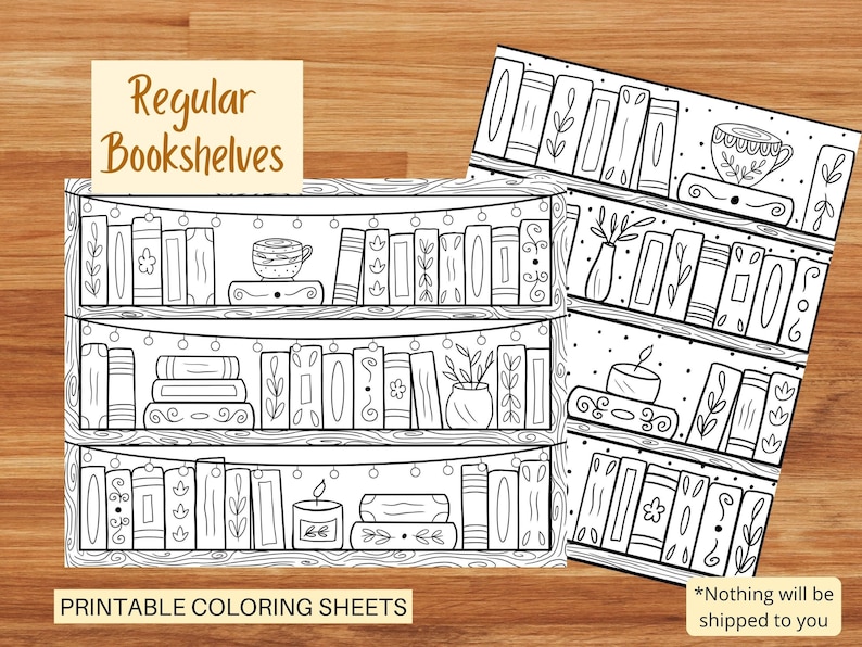 Peut inclure: Page &agrave; colorier imprimable en noir et blanc repr&eacute;sentant une biblioth&egrave;que avec des livres, une tasse de th&eacute;, une bougie et une plante en pot. Le texte "Regular Bookshelves" et "Printable Coloring Sheets" est inclus sur la page.