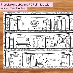 Peut inclure: Un dessin au trait noir et blanc d'une biblioth&egrave;que avec trois &eacute;tag&egrave;res remplies de livres, une tasse de th&eacute;, une plante en pot et une bougie. La biblioth&egrave;que est d&eacute;cor&eacute;e d'une guirlande lumineuse.