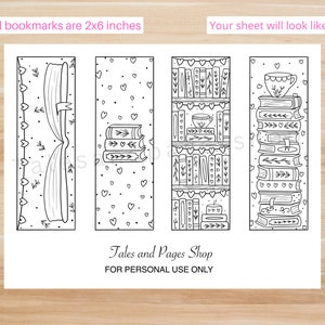 Pu&ograve; includere: Foglio di segnalibri stampabile con quattro diversi design. Ogni segnalibro presenta un'illustrazione in bianco e nero di libri, una tazza di t&egrave; e cuori. Il foglio &egrave; progettato per essere tagliato in quattro segnalibri di 5,1 x 15,2 cm. Il testo "Tales and Pages Shop" e "FOR PERSONAL USE ONLY" &egrave; stampato nella parte inferiore del foglio.