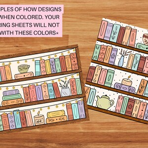 Peut inclure: Une page de coloriage num&eacute;rique repr&eacute;sentant une biblioth&egrave;que avec des livres, une tasse &agrave; th&eacute;, une bougie et une th&eacute;i&egrave;re. La biblioth&egrave;que est d&eacute;cor&eacute;e de guirlandes lumineuses et d'accents floraux. Le texte *EXAMPLES OF HOW DESIGNS LOOK WHEN COLORED. YOUR COLORING SHEETS WILL NOT COME WITH THESE COLORS* est en haut de l'image.
