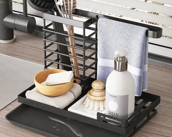 Kitchen Sink Caddy Organiser | Tidy Rack with Removable Drain Tray | Sponge Holder, Utensil Holder, and More | Countertop | Black