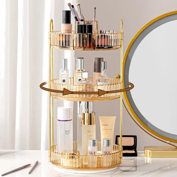 Rotating Makeup Organizer 3 Tier Gold Make Up Organiser Spinning Makeup Organiser Large Makeup Rotating Makeup Organiser Skincare Organizer