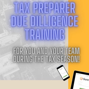 May include: Image promoting tax preparer due diligence training. Text in blue reads "TAX PREPARER DUE DILLIGENCE TRAINING" and "FOR YOU AND YOUR TEAM DURING THE TAX SEASON!". A smartphone and tablet display a login screen for "SureTax". The background shows a cityscape.