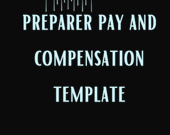 Puede incluir: Un diseño gráfico en blanco y negro con el texto "SURE DESIGN Co." en amarillo y azul. El texto "PREPARER PAY AND COMPENSATION TEMPLATE" está en azul claro.