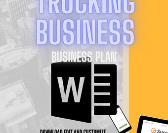 May include: A graphic with a yellow background and a city skyline in the background. The text "Trucking Business" is in blue and the text "Business Plan" is in black. A black and white Microsoft Word icon is in the center of the graphic. The text "Download Edit and Customize" is below the icon.