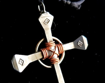 Horseshoe Nail Celtic Cross Pendant Pure Copper Wire , Fully Soldered Cross Necklace, Satin cord Copyright (c.)1999The Original Handmade