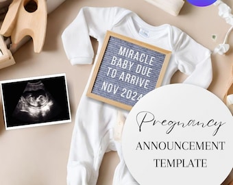 Puede incluir: Una plantilla de anuncio de embarazo con un body blanco, un tablero de letras que dice "Miracle Baby Due to Arrive Nov 2024", una imagen de ultrasonido en blanco y negro y un círculo blanco con el texto "Pregnancy Announcement Template".