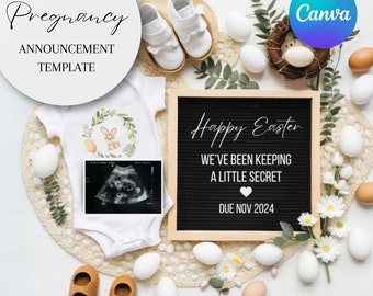 Easter Pregnancy Announcement Digital | Editable Canva Template | Social Media Reveal | Secret Baby Reveal | Bunny Announcement