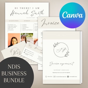 May include: A business bundle for an NDIS support worker. The bundle includes a business card, invoice, service agreement, and a profile page with qualifications and interests. The profile page features a photo of the support worker and the text "HI THERE! I AM Hannah Smith SUPPORT WORKER".