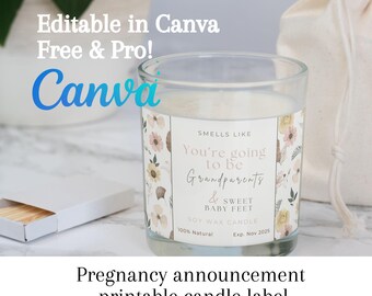 Pregnancy Announcement Candle Label | Pregnancy Reveal Idea | Smells like Grandparents | Pregnancy Gift For Grandparents | Canva template