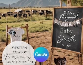 May include: Western-themed pregnancy announcement with a chalkboard sign that reads "We're Pregnant! Baby Smith Nov 2024". A baby onesie with an ultrasound image and the text "Baby Smith" is hanging on a clothesline. Cowboy boots are in the foreground.