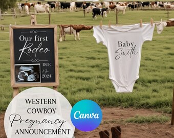 May include: A pregnancy announcement with a chalkboard sign that says "Our first Rodeo" with a due date of November 2024. A baby onesie hangs on a clothesline with the text "Baby Smith". A pair of brown cowboy boots are on the ground. The text "Western Cowboy Pregnancy Announcement Template" is on a circle with a Canva logo.