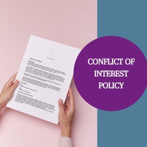 May include: A person is holding a white document with the title "Conflict of Interest" and the text "Your Logo Here". The document is on a pink surface. A purple circle with the text "Conflict of Interest Policy" is on a blue surface.