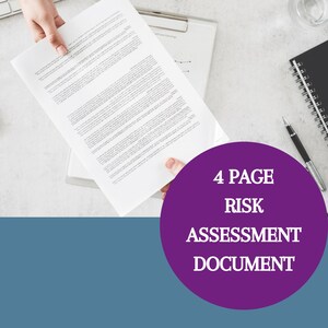 May include: A close-up of a hand holding a 4-page risk assessment document. The document is white with black text. The background is a light gray surface with a purple circle that says "4 PAGE RISK ASSESSMENT DOCUMENT".