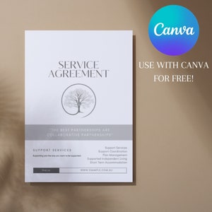 Könnte beinhalten: Ein weißes Dokument mit dem Titel "SERVICE AGREEMENT" und dem Text "THE BEST PARTNERSHIPS ARE COLLABORATIVE PARTNERSHIPS". Das Dokument listet auch "SUPPORT SERVICES" auf und enthält eine Website-Adresse. Das Dokument befindet sich auf einem beigefarbenen Hintergrund mit einem blau-violetten Canva-Logo in der oberen rechten Ecke.