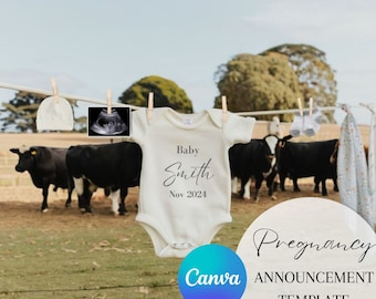 May include: A white onesie with the text "Baby Smith Nov 2024" hanging on a clothesline with a baby hat, ultrasound image, and baby socks. The onesie is in front of a field with cows.