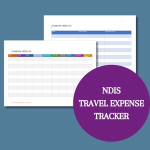 May include: A purple circle with the text "NDIS TRAVEL EXPENSE TRACKER" in white. Two blank printable travel expense log forms are behind the circle. The forms have columns for date, client, purpose, odometer start, odometer end, time start, time end, total km's, # of minutes, and total $ to be reimbursed.