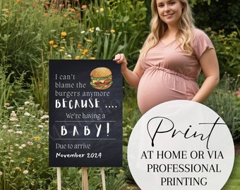 Pregnancy Announcement Chalkboard Poster Board | Can't Blame the Burgers template | Baby reveal | Editable Canva | Baby Announcement