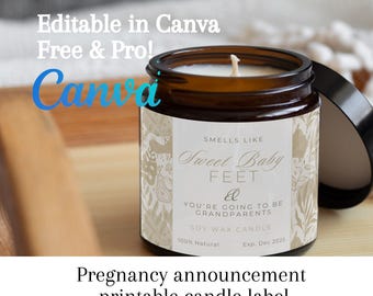 Pregnancy Announcement Candle Label | Pregnancy Reveal Idea | Smells like Grandparents | Pregnancy Gift For Grandparents | Canva template