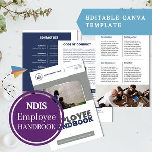 May include: A purple and white circle with the text "NDIS Employee Handbook" in white. The image also shows a blue and gray document with the text "Employee Handbook" and "Code of Conduct" in black. The document is on a white surface with a green plant in the background.