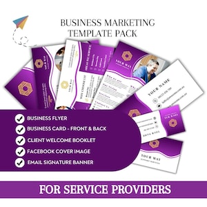 Peut inclure: Un pack de modèles de marketing d'entreprise avec un design violet et or. Comprend un flyer commercial, une carte de visite, un livret de bienvenue client, une image de couverture Facebook et une bannière de signature d'e-mail. Texte : "Your Way".