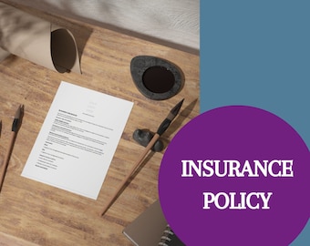May include: A purple circle with the text "INSURANCE POLICY" in white on a wooden table with a document, inkwell, and brushes.