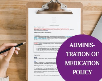 Policy procedure NDIS administration medication business support worker template for providers | Participant |Digital download | Document