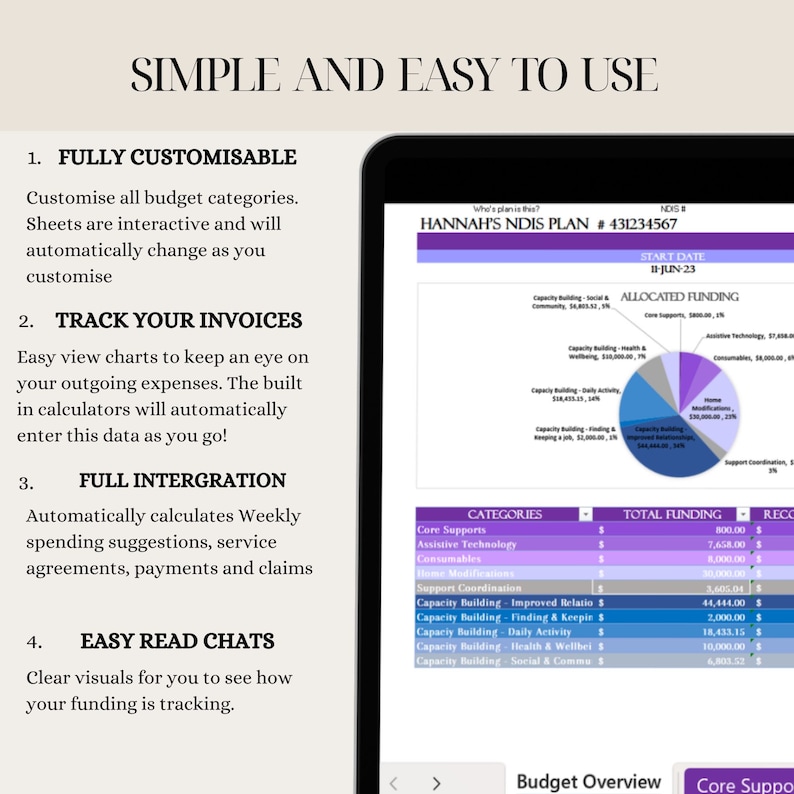 NDIS Participant Excel Tabelle Funding Planer Planer für Selbstmanagement Rechnung Tracker Prereadsheet Template Bild 7