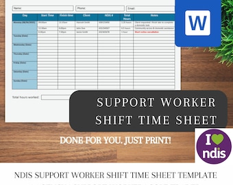 NDIS shift timesheet log template word participant form support workers editable document | Instant download | Support worker