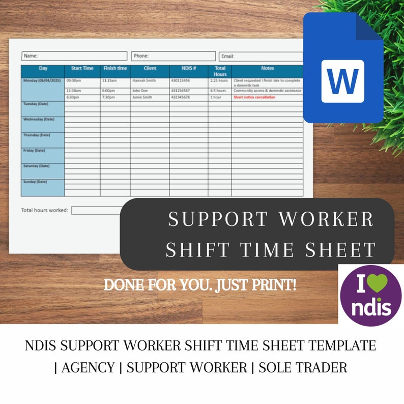 NDIS Shift Timesheet Log Template Word Participant Form Support Workers ...