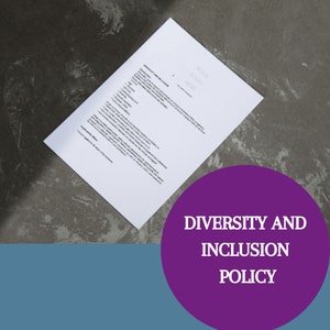 May include: A white sheet of paper with the text "Diversity and Inclusion Policy" on a purple circle. The paper has a heading that says "Your Logo Here" and a list of bullet points.