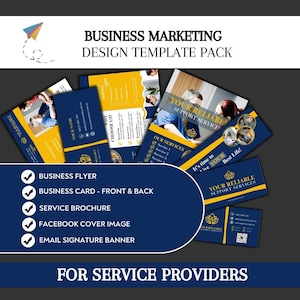 May include: A collection of business marketing design templates in navy blue and yellow. The pack includes a business flyer, business card, service brochure, Facebook cover image, and email signature banner. Text includes "Business Marketing Design Template Pack" and "For Service Providers."