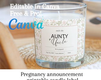 Pregnancy Announcement Candle Label | Pregnancy Reveal Idea | Smells like Aunty & Uncle | Pregnancy Gift | Canva template