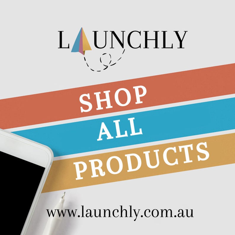 May include: A colorful graphic with the text "LAUNCHLY" in black, a stylized paper airplane, and the text "SHOP ALL PRODUCTS" in white on a yellow, blue, and orange striped background. The text "www.launchly.com.au" is at the bottom of the graphic.