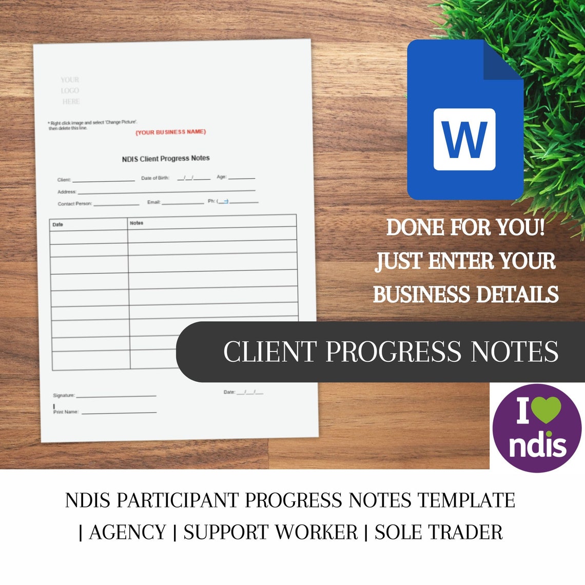 NDIS Client Progress Notes Form Word Participant Template Onboarding ...