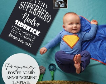 Pregnancy Announcement Chalkboard Poster Board | Superhero Needs a Sidekick template | Baby Reveal | Editable Canva | Baby Announcement
