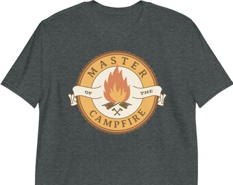 May include: A dark heather grey t-shirt with a vintage-style logo that says "Master of the Campfire". The logo features a campfire with flames and crossed axes.