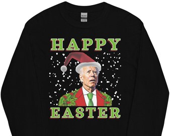May include: Black long-sleeved shirt with a green and red festive design. The design features a man wearing a Santa hat and the text "Happy Easter".