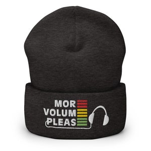 May include: Black beanie with a white graphic that says "MOR VOLUM PLEAS" with a volume bar and headphones.