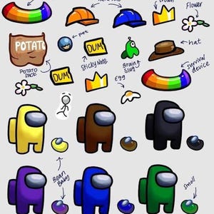Among Us Imposter Sticker Sheet Customizable Hats, Skins for Crewmates Cosmicubes