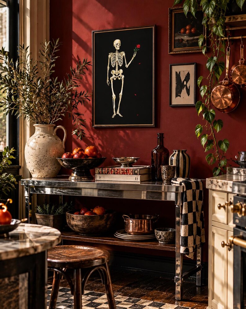May include: A framed wall art print featuring a white human skeleton on a black background, holding a single red rose. The skeleton is depicted in a standing position with its arm raised, showcasing anatomical detail against the dark backdrop.
