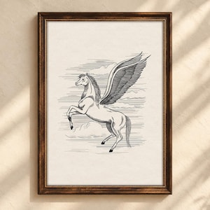 ペガサスアート - 空飛ぶ馬のプリント、レトロな色のペガサスの