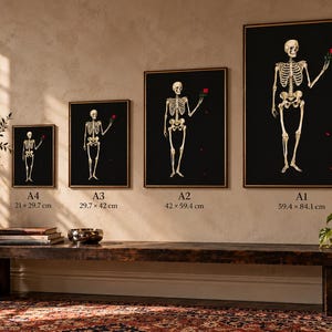 May include: Four framed wall art prints featuring a human skeleton holding a red rose against a black background. The prints are labeled A4 (21 x 29.7 cm), A3 (29.7 x 42 cm), A2 (42 x 59.4 cm), and A1 (59.4 x 84.1 cm) in ascending size order.