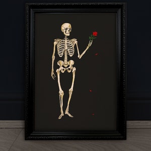 May include: A framed wall art print featuring a beige human skeleton standing against a solid black background. The skeleton holds a single red rose in its left hand, with three small red rose petals falling below the flower.